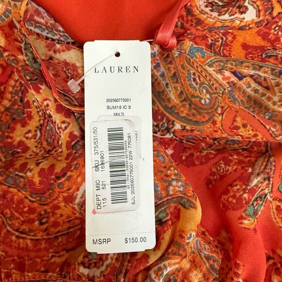 Lauren Ralph Lauren Orange Paisley Print Smocked Waist Layered Dress Sz 22W NWT - Picture 5 of 7